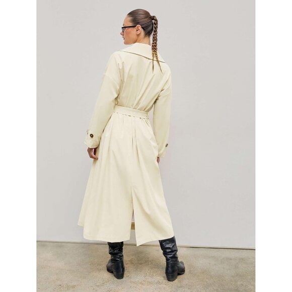 Women's Khaki  Oversized Solid Collar Long Trench Coat With Belt - Picture 8 of 8